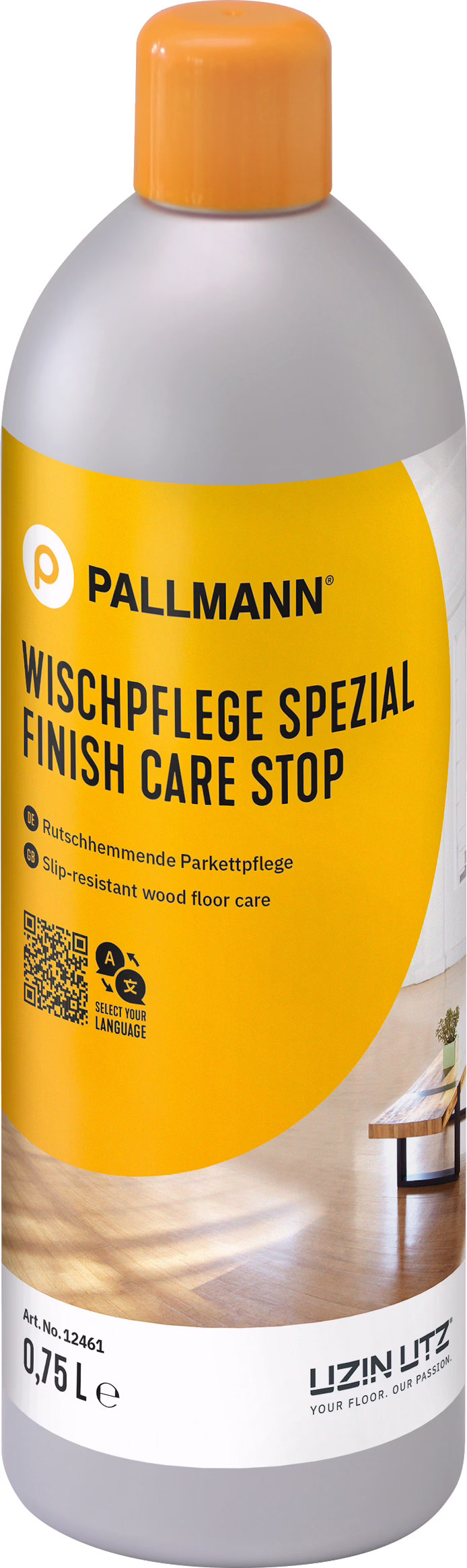 Eine hohe Kunststoffflasche von Pallmann 'Wischpflege Spezial / Finish Care Stop', ein rutschhemmendes Parkettpflegeprodukt in einer grau‑gelben Flasche mit orangefarbener Verschlusskappe, 0,75 Liter, mit Markenlogo und Produktetikett.
