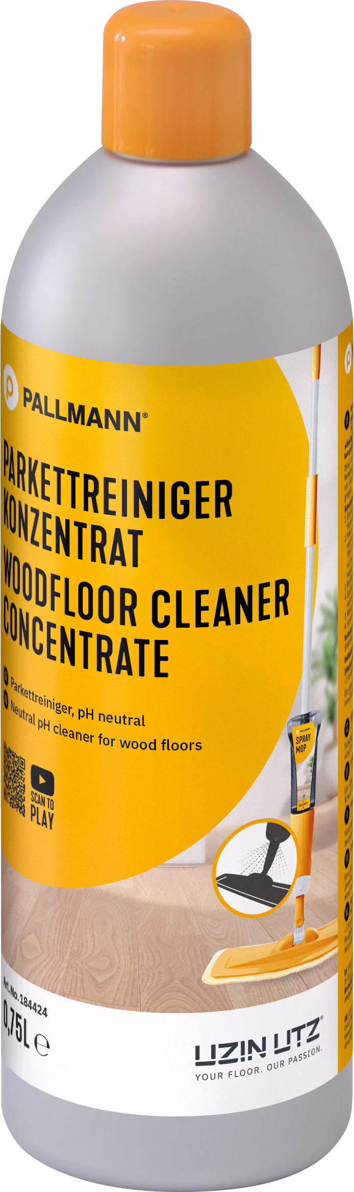 Eine hohe Kunststoffflasche mit auffälligem orange-gelbem Etikett, die ein Parkettreiniger-Konzentrat enthält. Oben auf dem Etikett steht deutlich die Marke 'PALLMANN'; große schwarze Schrift zeigt 'PARKETTREINIGER KONZENTRAT / WOODFLOOR CLEANER CONCENTRATE'. Auf dem Etikett ist eine Spray-Mopp-Illustration und ein Symbol für pH-Neutralität zu sehen. Die Füllmenge '0,75 L' ist am unteren Rand sichtbar. Ein QR-Code und kleine Anwendungspiktogramme sind ebenfalls vorhanden; die Verpackung hat einen orangefarbenen Schraubverschluss und einen glatten, grauen Flaschenhals. Das Produkt wird als konzentriertes, pH-neutrales Reinigungsmittel für Holzböden präsentiert, das vor der Anwendung verdünnt werden muss.
