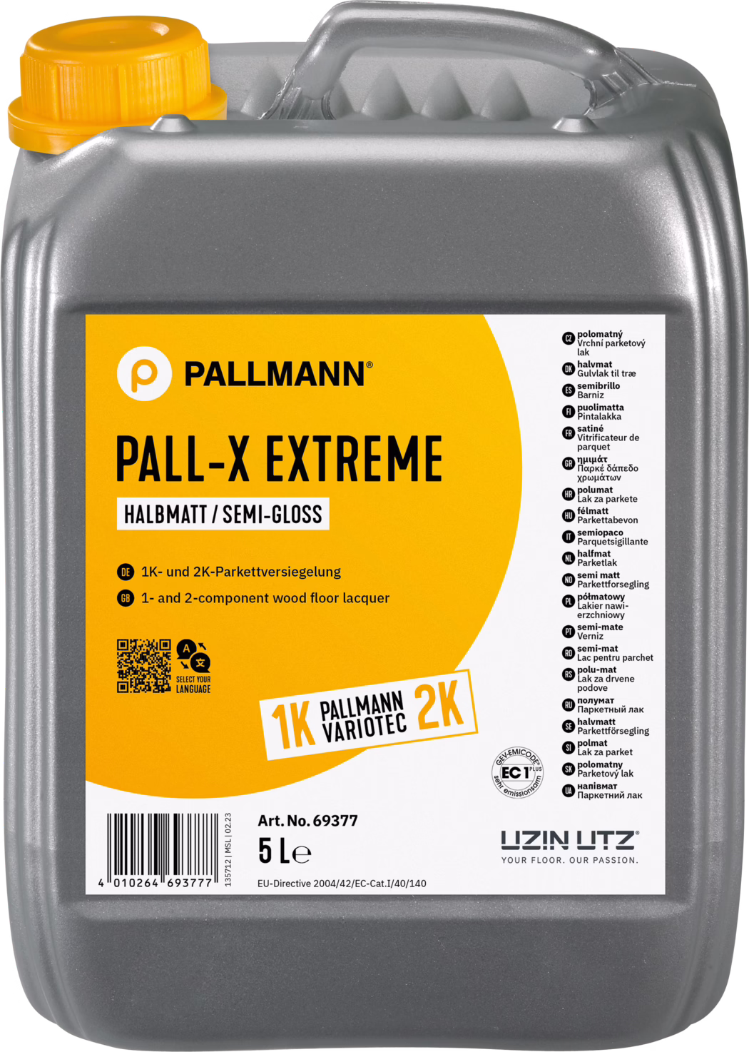 Grauer 5‑Liter Kunststoffkanister mit orange‑gelbem Etikett und gelbem Verschluss: Pallmann PALL‑X EXTREME halbmatte Parkettversiegelung, 1K/2K, Hersteller Uzin Utz; Etikett nennt Produkt, Glanzgrad, Menge und Anwendungshinweise.