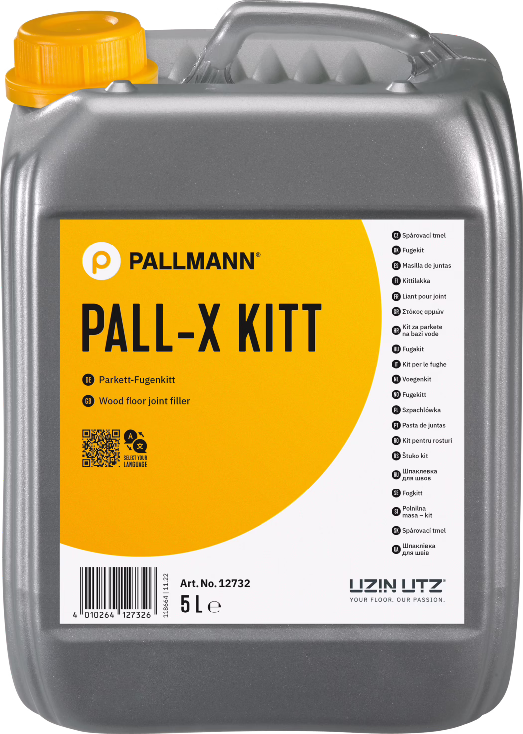 PALLMANN_dummy_Pall-X-Kitt_5l_msl_2021-12 Grauer 5-Liter-Kunststoffkanister mit gelbem Schraubverschluss, vorgesehen als Parkett-Fugenkitt. Auf der Vorderseite befindet sich ein großes orange-weißes Etikett mit dem Markennamen PALLMANN und dem Produktnamen PALL-X KITT in fettgedruckten schwarzen Buchstaben. Das Etikett nennt Parkett-Fugenkitt und Wood floor joint filler, zeigt einen Barcode, einen QR-Code, die Artikelnummer Art. No. 12732 sowie die Füllmenge 5 L und trägt das UZIN UTZ-Logo. Der Kanister besitzt einen integrierten Tragegriff oben und eine strukturierte graue Oberfläche.