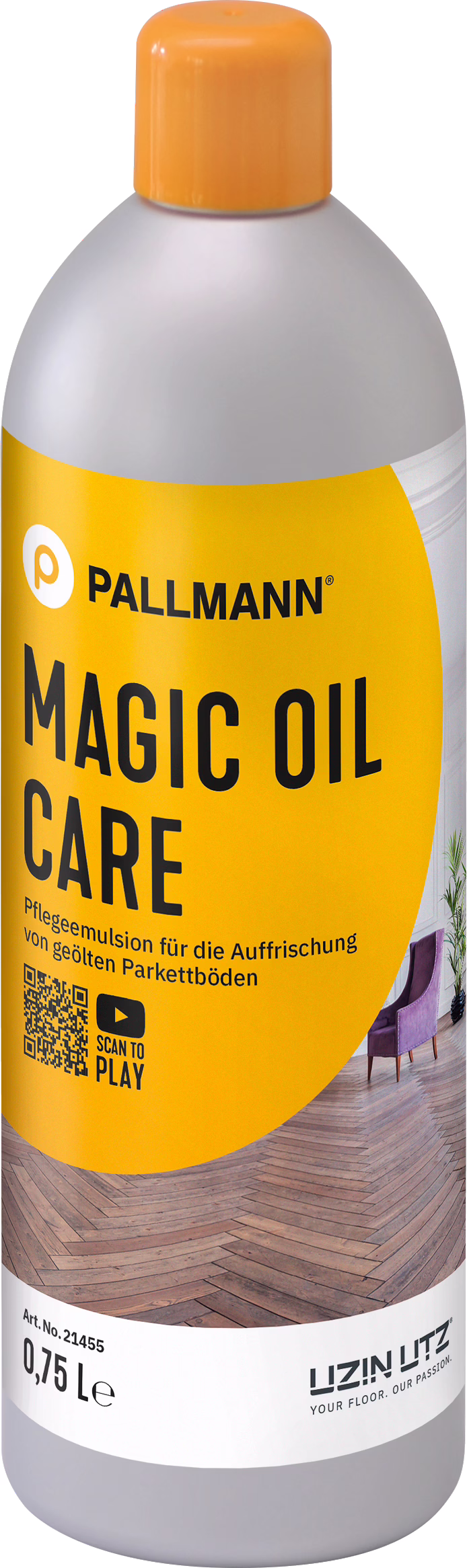 Foto einer zylindrischen 0,75‑Liter‑Kunststoffflasche der Marke Pallmann mit der Produktbezeichnung 'Magic Oil Care'. Der Flaschenkörper ist matt hellgrau, der Schraubverschluss leuchtend orange. Auf der Vorderseite befindet sich ein großes gelb‑orangfarbenes Etikett mit dem Schriftzug 'PALLMANN' und dem in großen Lettern gehaltenen Produktnamen 'MAGIC OIL CARE', ergänzt durch die Beschreibung 'Pflegeemulsion für die Auffrischung von geölten Parkettböden'. Das Etikett zeigt außerdem ein Bild eines Fischgrätparketts, einen violetten Sessel, einen QR‑Code mit 'Scan to play'-Symbol, das Uzin Utz‑Logo, die Artikelnummer 21455 und die Füllangabe 0,75 L. Die Aufnahme ist neutral ausgeleuchtet und betont Verpackungs‑ und Etikettendetails; das Produkt vermittelt den Eindruck eines Pflegemittels zur Auffrischung geölter Holzböden.