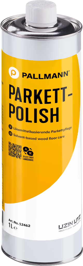 PALLMANN_dummy_Parkett-Polish_1l_msl_2023-10 Hohe zylindrische Metallkanne mit gelbem Etikett mit der Aufschrift 'PALLMANN PARKETT-POLISH', weißem Schraubverschluss und Angabe 1 l; lösemittelbasierte Parkettpflege.