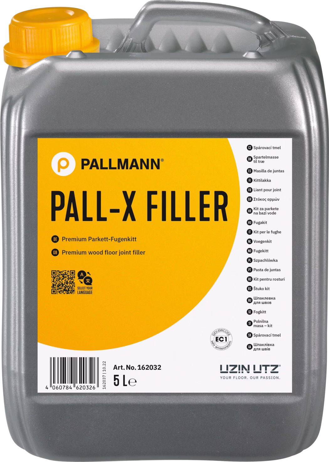 PALLMANN_dummy_Pall-X-Filler_5l_msl_2021-12 Grauer Kunststoffkanister mit 5 Litern Inhalt der Marke Pallmann: 'PALL‑X FILLER' Parkettfugenkitt. Auffälliges orangefarbenes Etikett und oranger Schraubverschluss. Auf dem Vorderetikett sind das PALLMANN-Logo, die große Produktbezeichnung 'PALL‑X FILLER', der Hinweis auf Premium‑Qualität, ein QR‑Code, ein Strichcode, die Artikelnummer 162032 und die Angabe '5 L' zu sehen. Rechts sind Mehrsprachenbezeichnungen aufgelistet. Der Kanister hat eine integrierte Griffmulde oben und eine strukturierte graue Oberfläche.