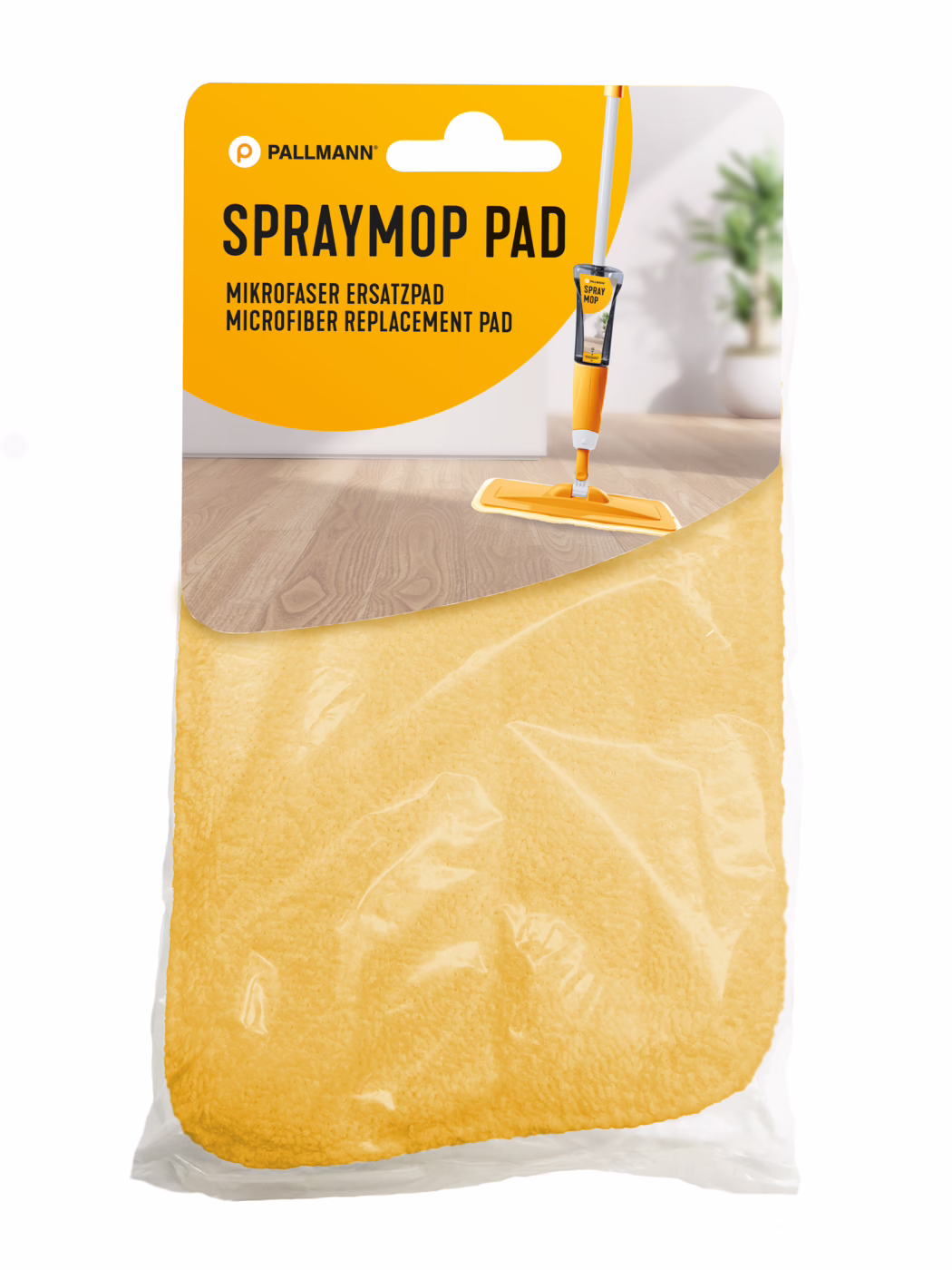 Im Handel verpacktes gelbes Mikrofaser-Ersatzpad für den Spraymop von Pallmann. Der orange-weiße Verpackungskopf zeigt 'SPRAYMOP PAD' und eine Abbildung eines orangefarbenen Spraymops auf einem Holzboden; das gelbe Pad ist durch die transparente Folie sichtbar. Helle, saubere Innenraumaufnahme mit einer unscharfen Topfpflanze im Hintergrund.