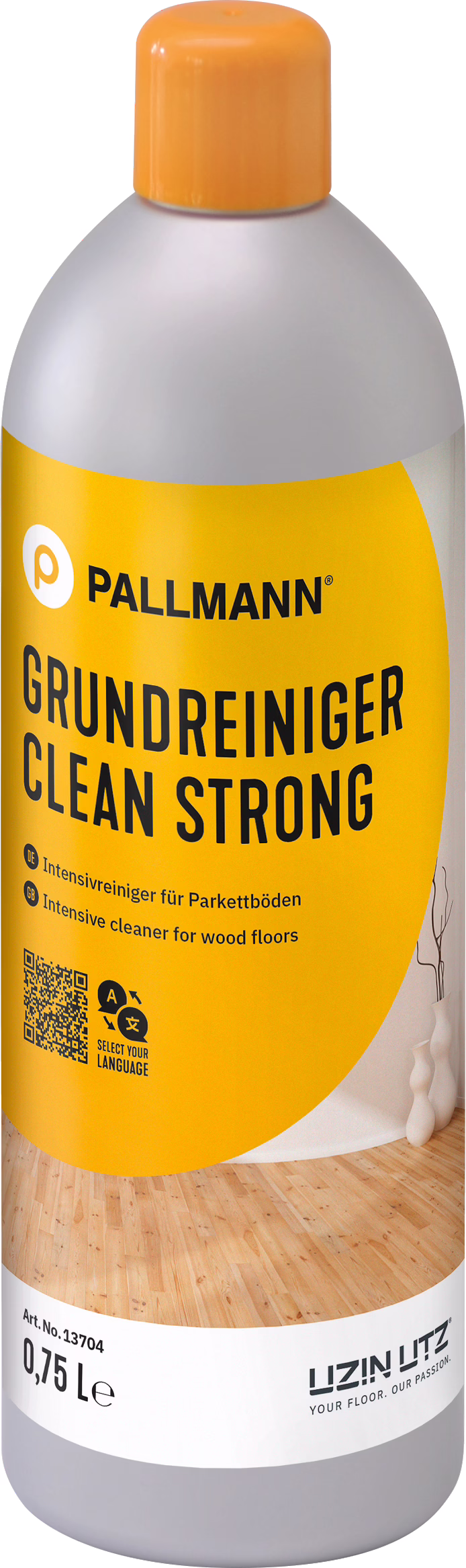 Eine hohe Kunststoffflasche mit orangefarbenem Schraubverschluss und einem auffälligen gelben Etikett mit dem Markennamen PALLMANN und dem Produktnamen GRUNDREINIGER CLEAN STRONG. Die Flasche enthält 0,75 L Intensivreiniger für Holz- und Parkettböden. Das Etikett zeigt große schwarze Typografie, einen QR‑Code, kleine Piktogramme und ein Foto eines hellen Holzparketts; unten ist das Logo UZIN UTZ mit dem Slogan 'YOUR FLOOR. OUR PASSION.' zu sehen. Der Behälter hat eine abgerundete Schulter und einen grauen Kunststoffkörper und vermittelt den Eindruck eines professionellen Produkts zur Tiefenreinigung und Entfernung hartnäckiger Verschmutzungen von Holzböden.
