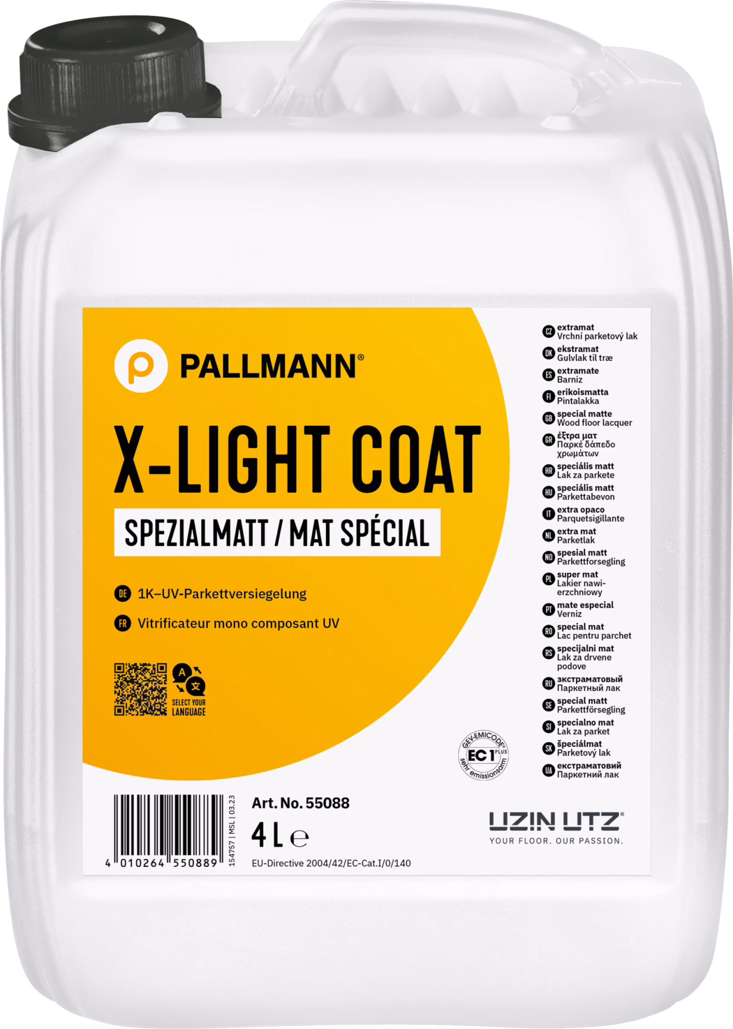 Ein weißer Kunststoffkanister (4 Liter) mit einem großen orangefarbenen Etikett, auf dem 'PALLMANN X-LIGHT COAT' und 'SPEZIALMATT / MAT SPÉCIAL' steht. Oben links befindet sich ein schwarzer Schraubverschluss und oben ein integrierter Tragegriff. Auf dem Etikett sind Barcode, QR-Code sowie Produktangaben wie 'Art. No. 55088' und '4 L' zu sehen. Rechts ist eine vertikale Liste mit Übersetzungen für 'special matte', unten rechts das UZIN UTZ-Logo und das EC1-Emissionssiegel. Der Kanister steht vor hellem Hintergrund und hat eine leicht glänzende Kunststoffoberfläche.