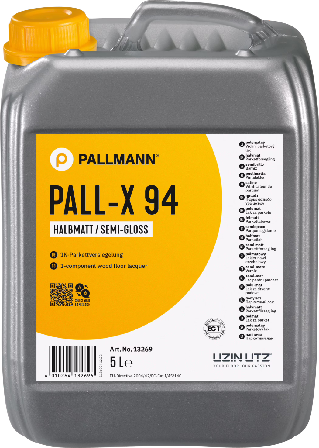 Foto eines 5-Liter-grauen Plastikkanisters mit PALLMANN PALL-X 94 Halbglanz-Parkettlack. Das orange-weiße Frontetikett zeigt Logo, Produktnamen 'PALL-X 94', 'HALBMATT / SEMI-GLOSS', Kurzbeschreibung, Barcode und Art.-Nr. 13269. Der Kanister hat eine orange Schraubkappe, einen geformten Griff sowie Prüfzeichen und das UZIN UTZ-Logo. Vorderansicht vor weißem Hintergrund.