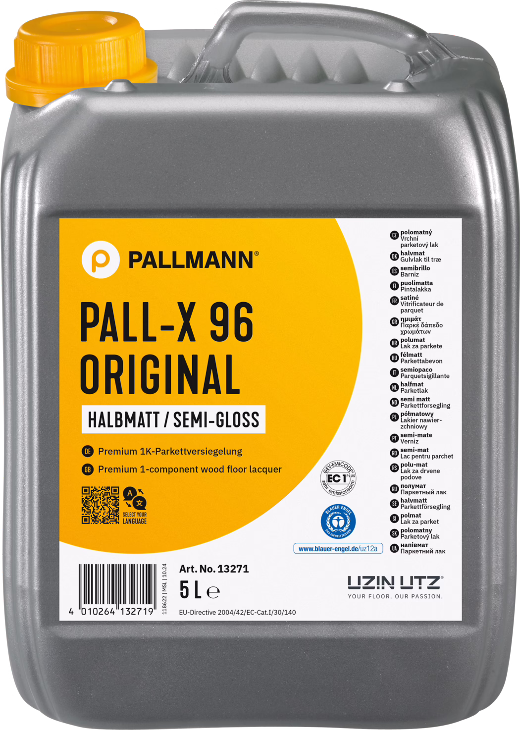 Grauer Kunststoffkanister mit 5 Litern Inhalt der Marke Pallmann: PALL-X 96 Original, halbmatte Parkettversiegelung. Der rechteckige Behälter hat einen oberen Tragegriff und einen gelben Schraubverschluss; das Etikett ist orange mit schwarzem 'PALL-X 96 ORIGINAL'-Schriftzug und einem weißen Bereich mit mehrsprachigen Produktangaben und Zertifizierungszeichen (u. a. Blauer Engel). Aufdrucke zeigen 'Halbmatt / Semi-Gloss', 'Premium 1-component wood floor lacquer', Artikelnummer 13271, Barcode und '5 L'. Entwickelt zum Schutz und zur Versiegelung von Holzfußböden; einkomponentiger, wasserbasierter Lack für Profi- und Heimwerkergebrauch. Oberfläche und Form des Gebindes zeigen typische Herstellungsstrukturen; geeignet für Auftrag mit Pinsel, Rolle oder Maschine.
