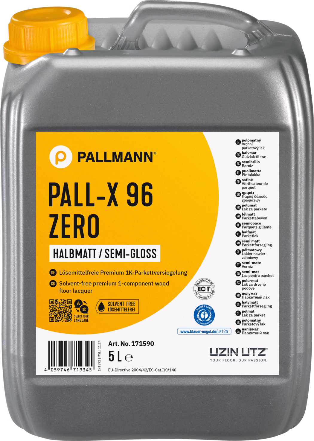 PALLMANN_dummy_Pall-X-96-zero_halbmatt_5l_msl_2024-05 Frontalansicht eines 5‑Liter‑Kunststoffkanisters in grauer Farbe mit Pallmann PALL‑X 96 ZERO Parkettlack. Der rechteckige Behälter hat einen integrierten Griff und einen gelben Schraubverschluss; ein großes orange‑weißes Etikett bedeckt die Vorderseite. Auf dem Etikett sind das PALLMANN‑Logo, der Produktname 'PALL‑X 96 ZERO', die Angabe 'HALBMATT / SEMI‑GLOSS', Hinweise auf 'lösungsmittelfrei', Prüfzeichen und ein Barcode gut zu erkennen. Das Foto betont Verpackungsdetails und lesbare Typografie und signalisiert, dass es sich um einen einkomponentigen Halbglanzlack für Holzböden handelt.